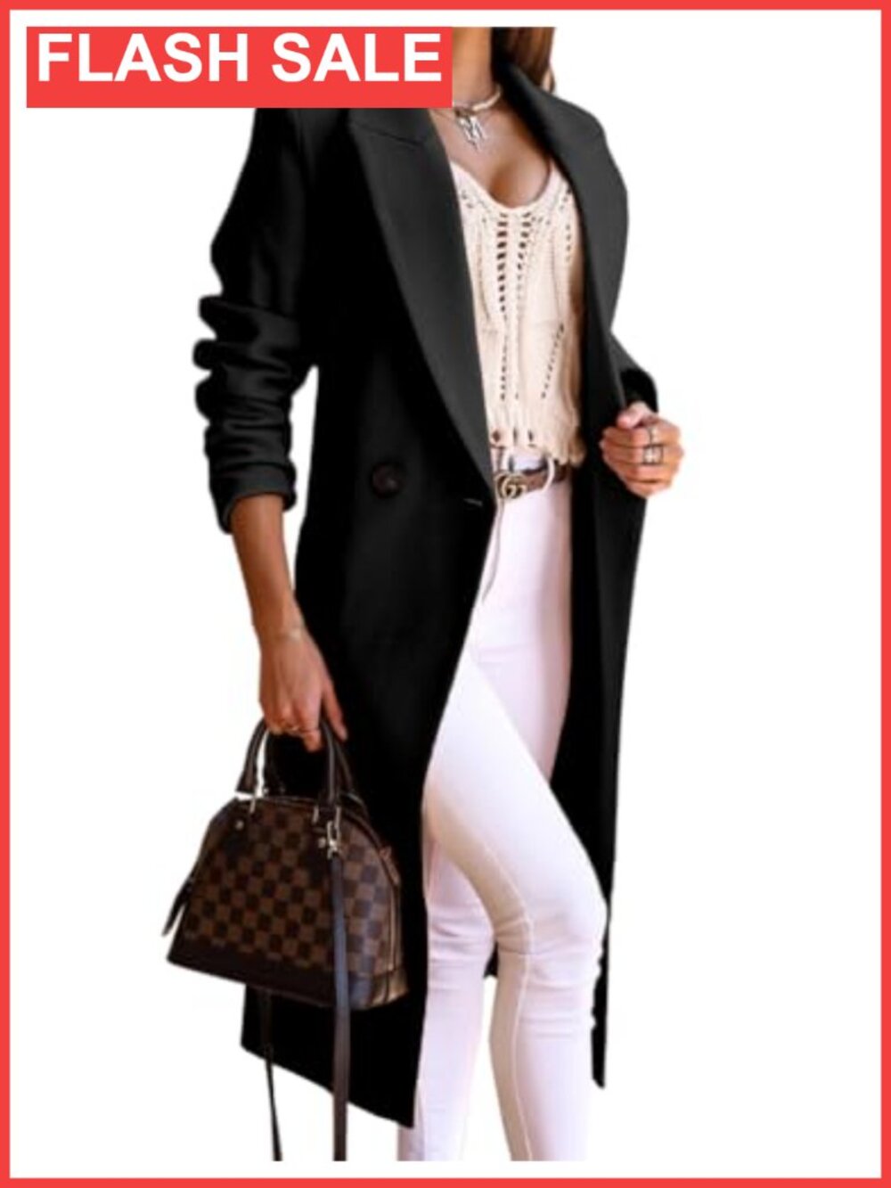 Wool Blend Long Trench Coat Notch Lapel Slim Fit Women Overcoat